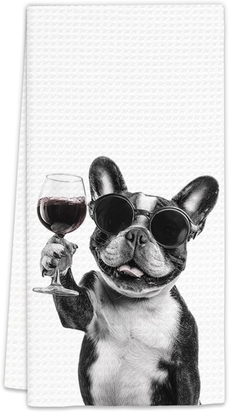 FIicy French Bulldog Gifts Wine Dog Kitchen Towels, Gifts for French Bulldog Wine Lovers Decorative Hand Dish Towel for Kitchen Home Bar,Funny Frenchie WineLover Home Bar Kitchens Decor(16x24In) - Image 1